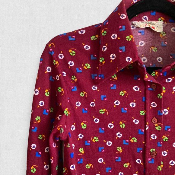 Vintage Floral Print Burgundy Retro 60's Button down Long sleeve Shirt - Picture 7 of 8